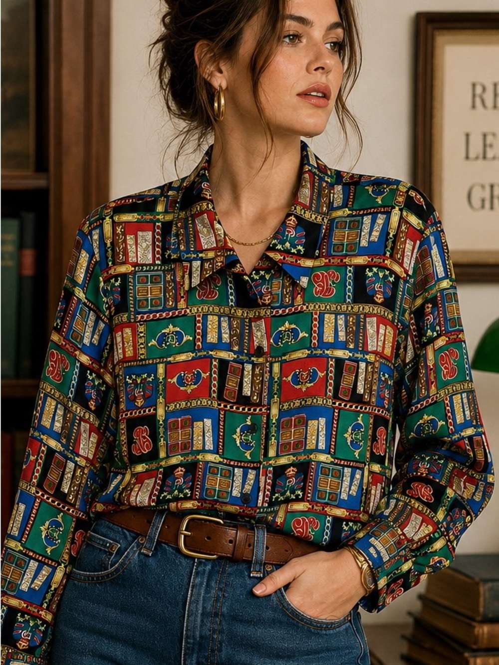 Vintage Pendleton Womens 14 Novelty Book Print Blouse Silky Button Front USA